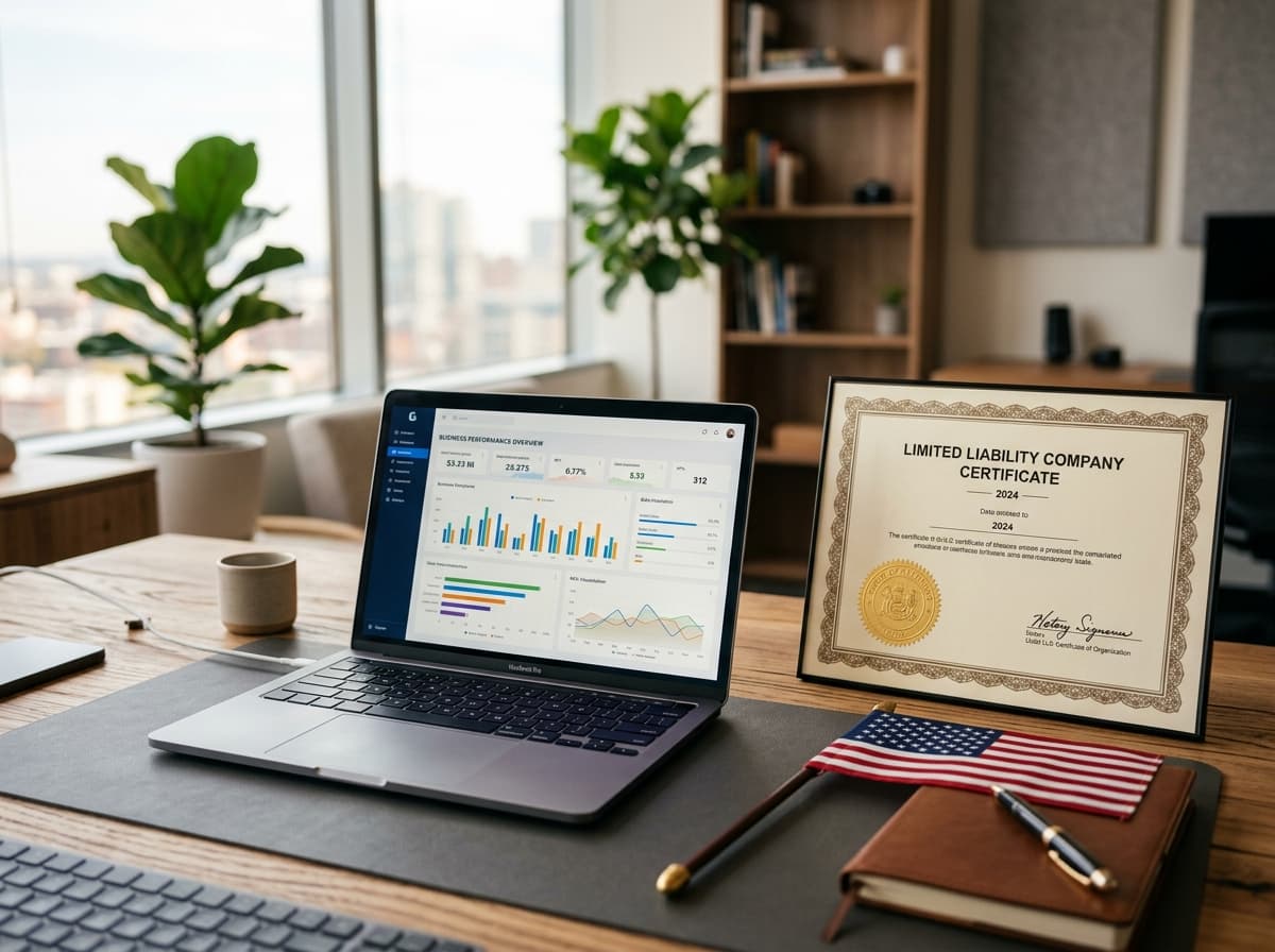 Workspace profesional con certificado LLC y laptop mostrando dashboard empresarial